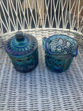 Vintage  Windsor pattern blue iridescent carnival glass creamer and sugar